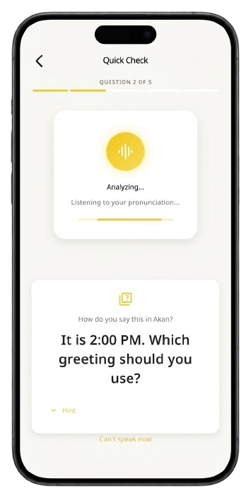 Efie app screenshot showing speech recognition audio feedback during a quick check