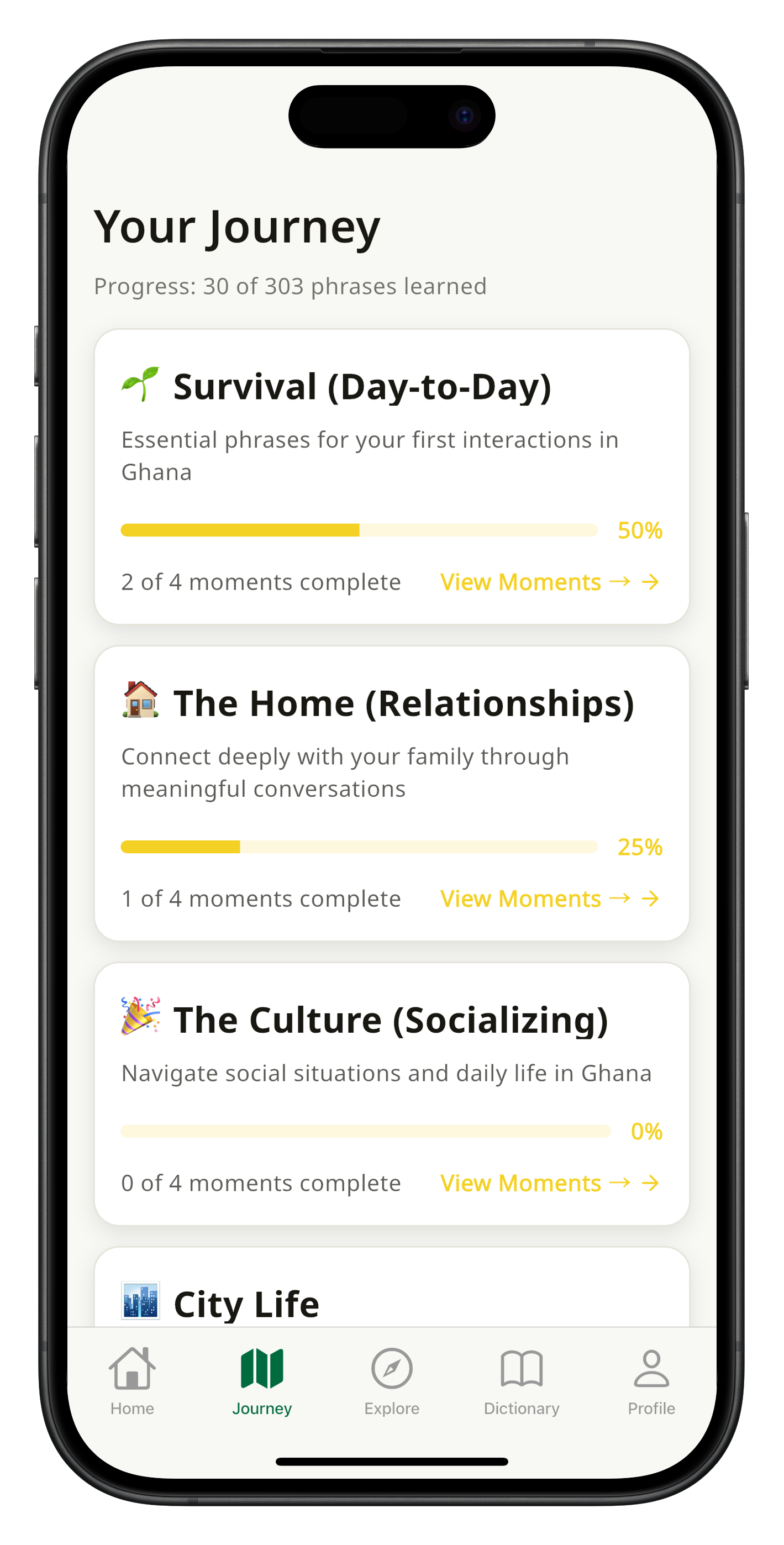 Efie screenshot showing guided family conversation lessons